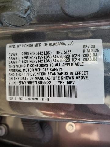 5FNYF6H97LB055932 - 2020 HONDA PILOT TOURING GRAY photo 13