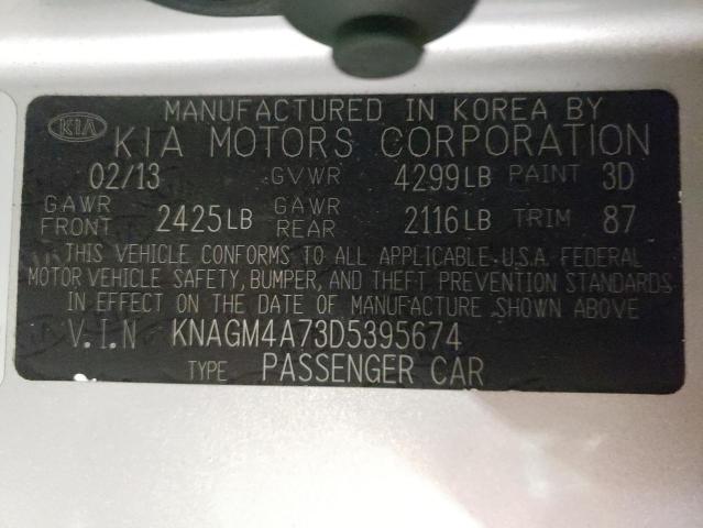 KNAGM4A73D5395674 - 2013 KIA OPTIMA LX SILVER photo 12