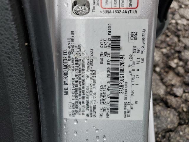 3FAHP0JG1BR320494 - 2011 FORD FUSION SEL SILVER photo 12