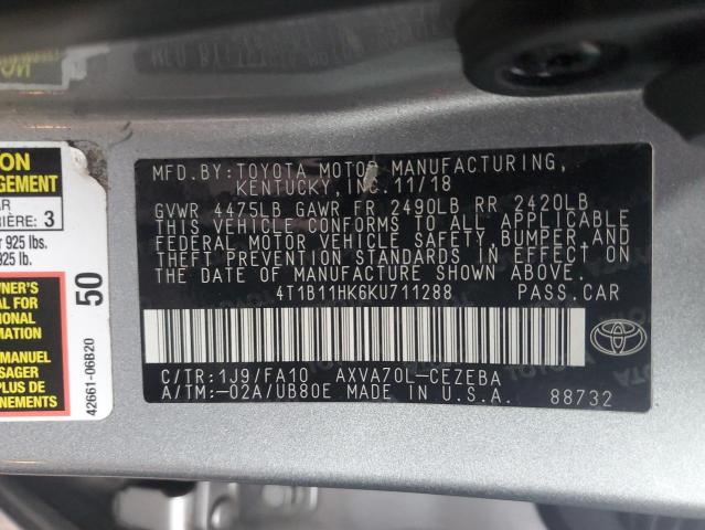 4T1B11HK6KU711288 - 2019 TOYOTA CAMRY L SILVER photo 12