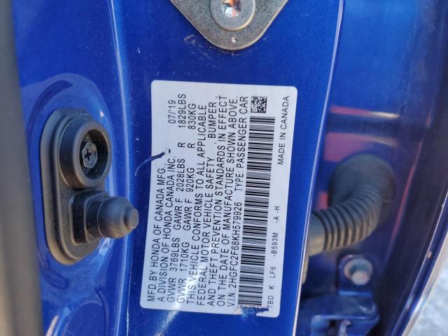 2HGFC2F68KH579926 - 2019 HONDA CIVIC LX BLUE photo 12