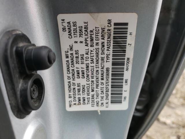 2HGFB2F57EH556989 - 2014 HONDA CIVIC LX SILVER photo 12