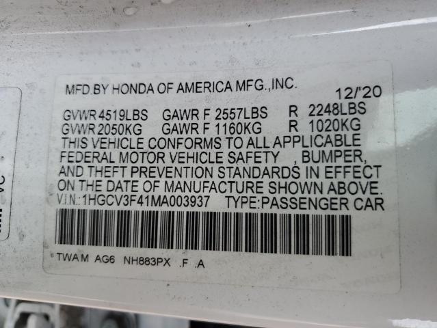 1HGCV3F41MA003937 - 2021 HONDA ACCORD HYBRID EX WHITE photo 12