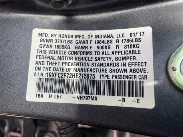 19XFC2F72HE215075 - 2017 HONDA CIVIC EX GRAY photo 10