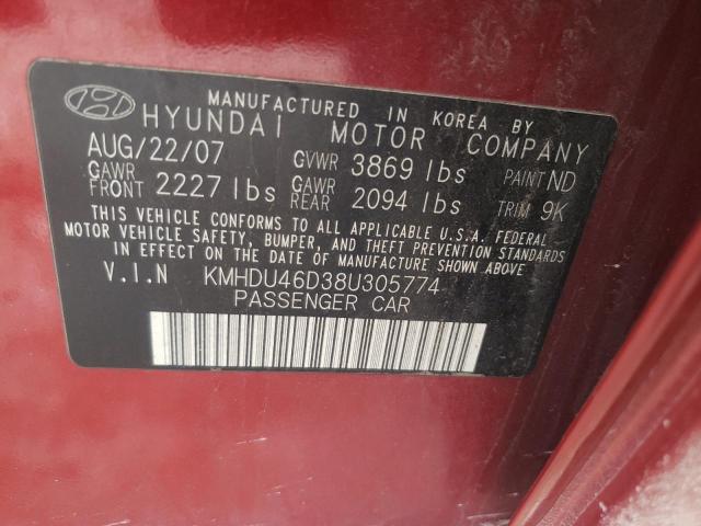 KMHDU46D38U305774 - 2008 HYUNDAI ELANTRA GLS MAROON photo 12