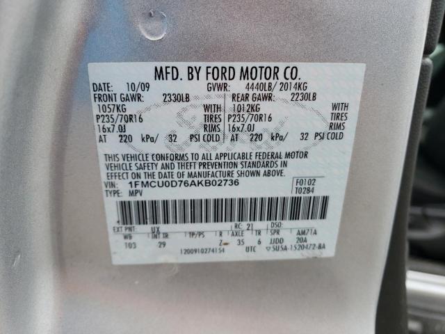 1FMCU0D76AKB02736 - 2010 FORD ESCAPE XLT SILVER photo 12