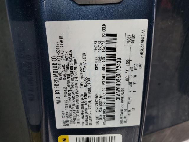 3FA6P0HD8KR172430 - 2019 FORD FUSION SE BLUE photo 12