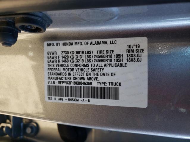 5FPYK3F19KB046369 - 2019 HONDA RIDGELINE SPORT SILVER photo 12