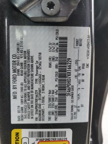 3FA6P0HD7KR166229 - 2019 FORD FUSION SE GRAY photo 12