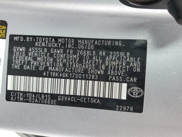 4T1BK46K17U011283 - 2007 TOYOTA CAMRY LE GRAY photo 12