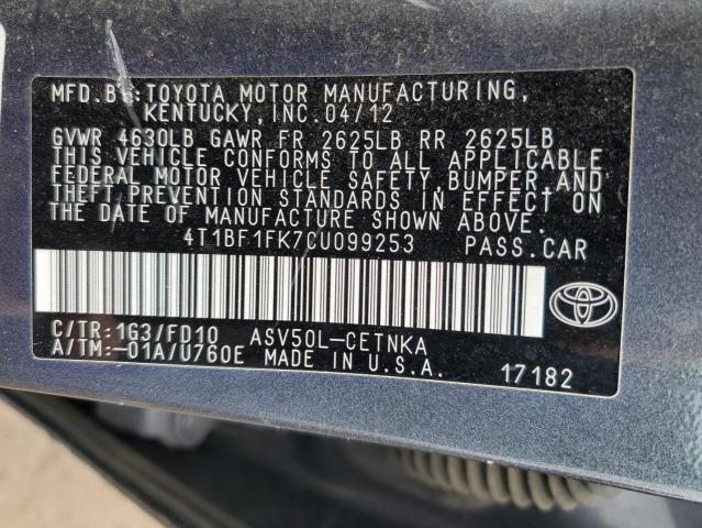 4T1BF1FK7CU099253 - 2012 TOYOTA CAMRY BASE GRAY photo 12