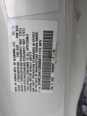 5FNRL5H61GB006874 - 2016 HONDA ODYSSEY EXL WHITE photo 12