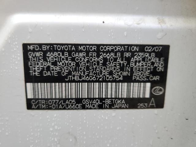 JTHBJ46G672105754 - 2007 LEXUS ES 350 WHITE photo 12