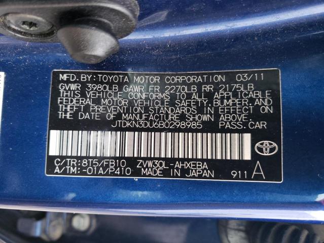 JTDKN3DU6B0298985 - 2011 TOYOTA PRIUS BLUE photo 12