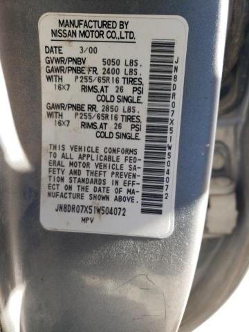 JN8DR07X51W504072 - 2001 NISSAN PATHFINDER LE SILVER photo 13