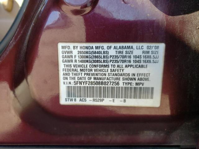 5FNYF28508B027256 - 2008 HONDA PILOT EXL BURGUNDY photo 13