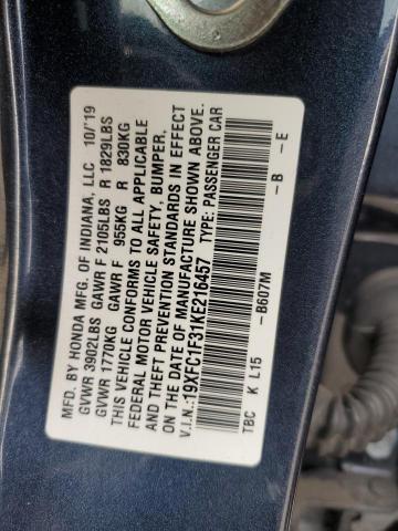 19XFC1F31KE216457 - 2019 HONDA CIVIC EX BLUE photo 12