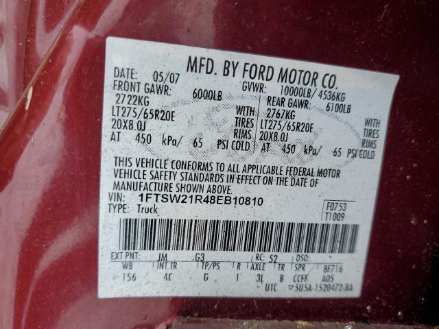 1FTSW21R48EB10810 - 2008 FORD F250 SUPER DUTY BURGUNDY photo 12