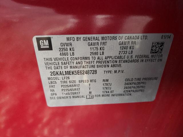 2GKALMEK5E6248728 - 2014 GMC TERRAIN SLE RED photo 12