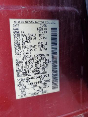 5N1AR18W46C649053 - 2006 NISSAN PATHFINDER LE 红色 照片 12