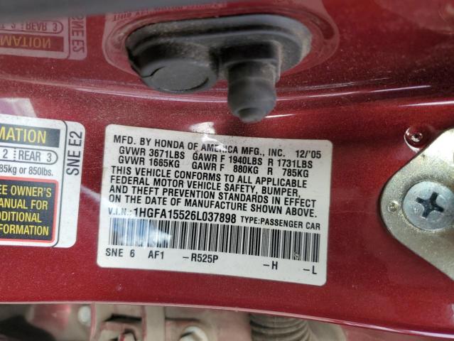 1HGFA15526L037898 - 2006 HONDA CIVIC LX RED photo 12