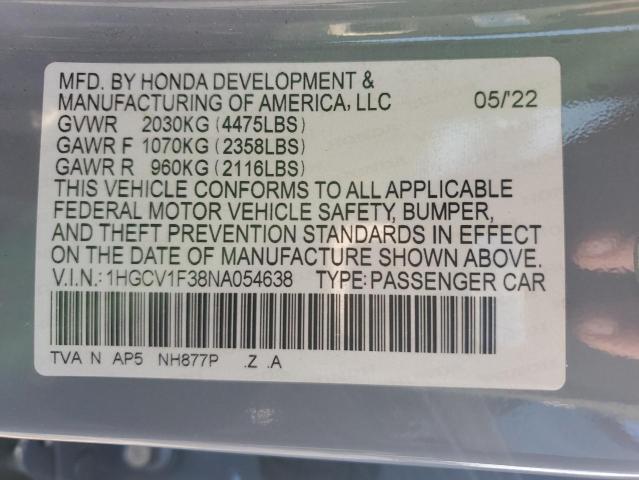 1HGCV1F38NA054638 - 2022 HONDA ACCORD SPORT GRAY photo 12