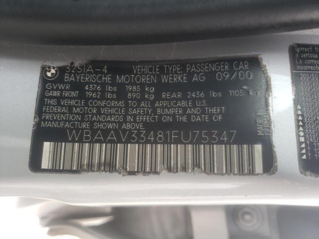 WBAAV33481FU75347 - 2001 BMW 325 I SILVER photo 12