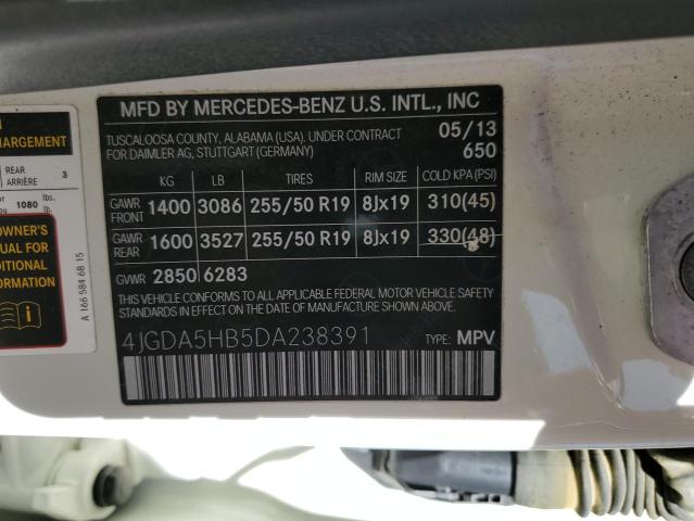 4JGDA5HB5DA238391 - 2013 MERCEDES-BENZ ML 350 4MATIC WHITE photo 12