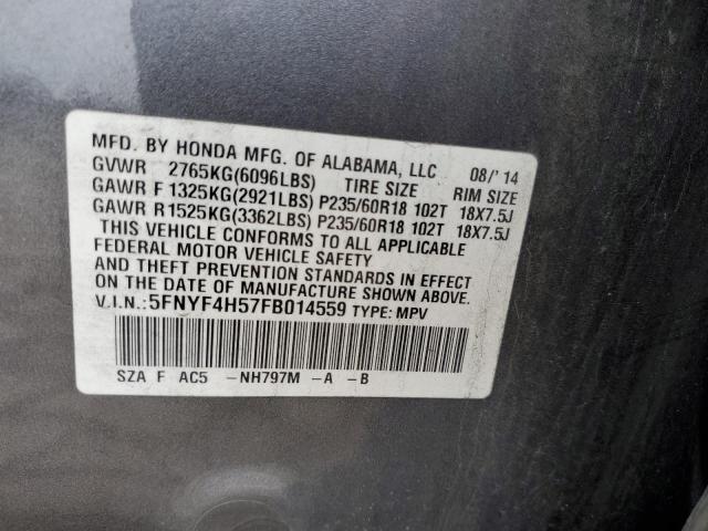 5FNYF4H57FB014559 - 2015 HONDA PILOT EXL GRAY photo 13