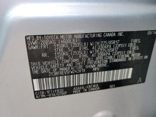 2T3BFREV5FW242819 - 2015 TOYOTA RAV4 LE SILVER photo 13