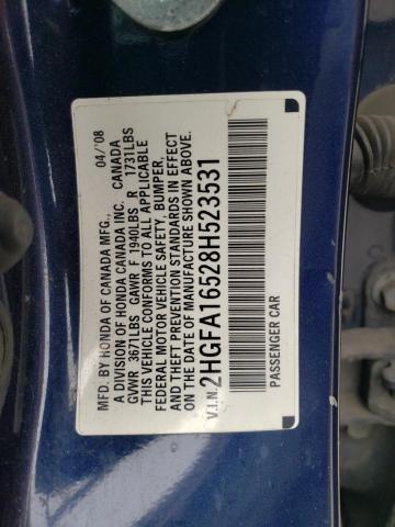 2HGFA16528H523531 - 2008 HONDA CIVIC LX BLUE photo 12