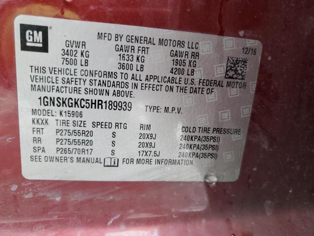 1GNSKGKC5HR189939 - 2017 CHEVROLET SUBURBAN K1500 LS RED photo 13