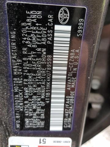 4T1B11HK4KU789598 - 2019 TOYOTA CAMRY L BROWN photo 12