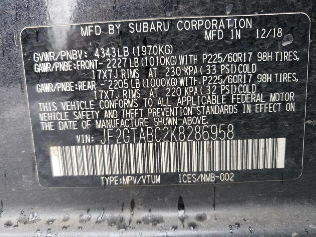 JF2GTABC2K8286958 - 2019 SUBARU CROSSTREK GRAY photo 12