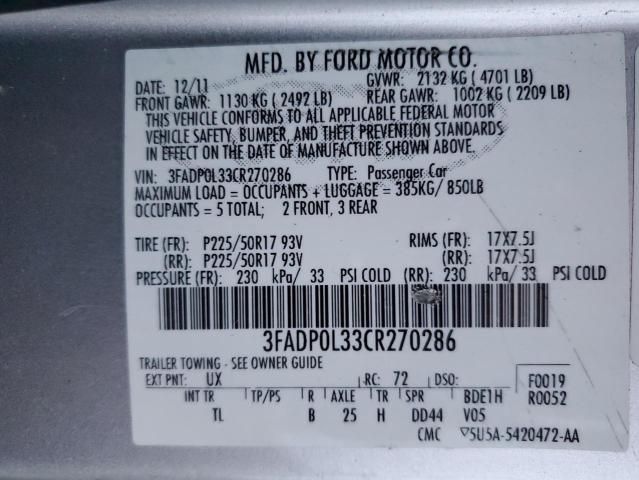 3FADP0L33CR270286 - 2012 FORD FUSION HYBRID SILVER photo 12