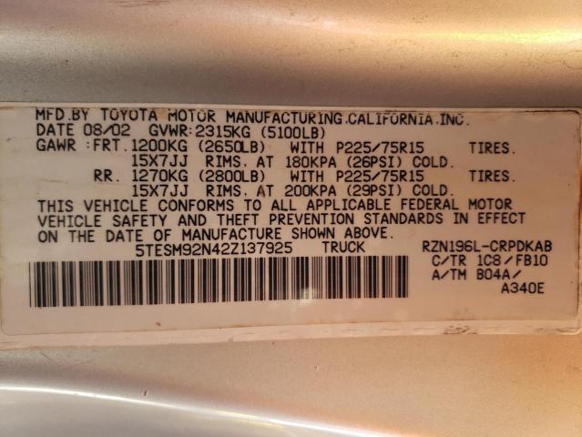 5TESM92N42Z137925 - 2002 TOYOTA TACOMA XTRACAB PRERUNNER SILVER photo 13