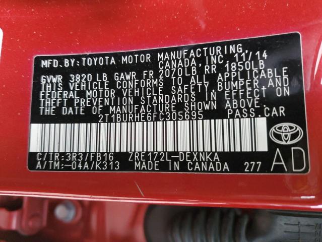 2T1BURHE6FC305695 - 2015 TOYOTA COROLLA L RED photo 13