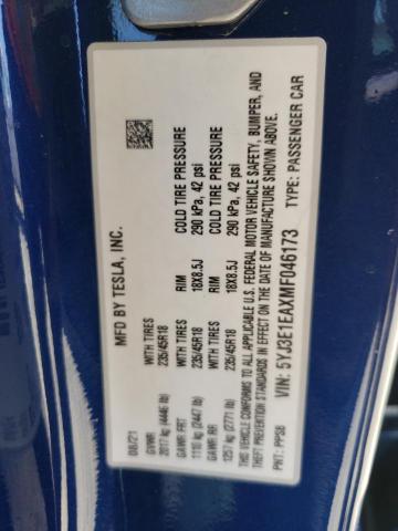 5YJ3E1EAXMF046173 - 2021 TESLA MODEL 3 BLUE photo 12