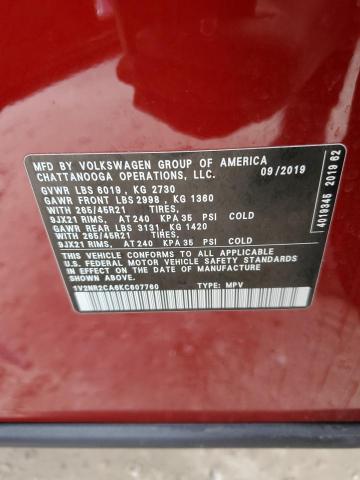 1V2NR2CA6KC607760 - 2019 VOLKSWAGEN ATLAS SEL PREMIUM RED photo 13