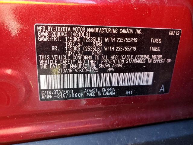 2T3A1RFV5KC044925 - 2019 TOYOTA RAV4 XLE PREMIUM RED photo 13