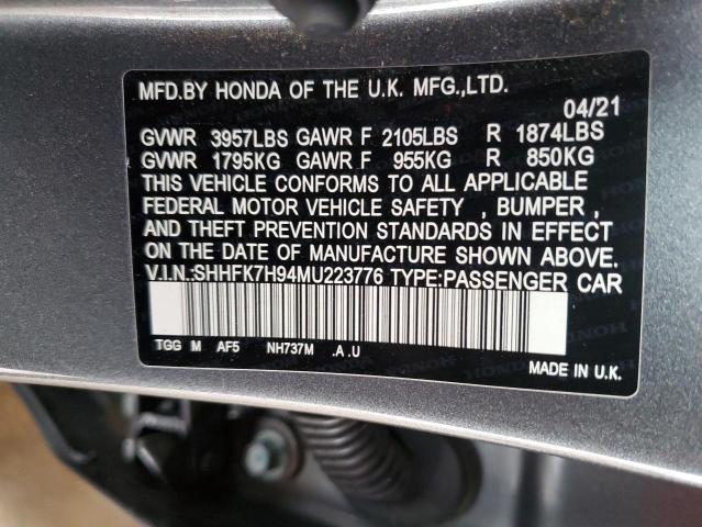 SHHFK7H94MU223776 - 2021 HONDA CIVIC SPORT TOURING GRAY photo 13