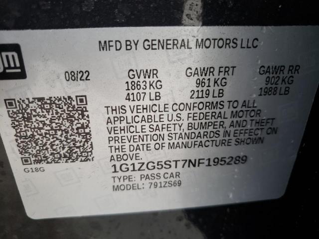 1G1ZG5ST7NF195289 - 2022 CHEVROLET MALIBU RS 黑色 照片 12