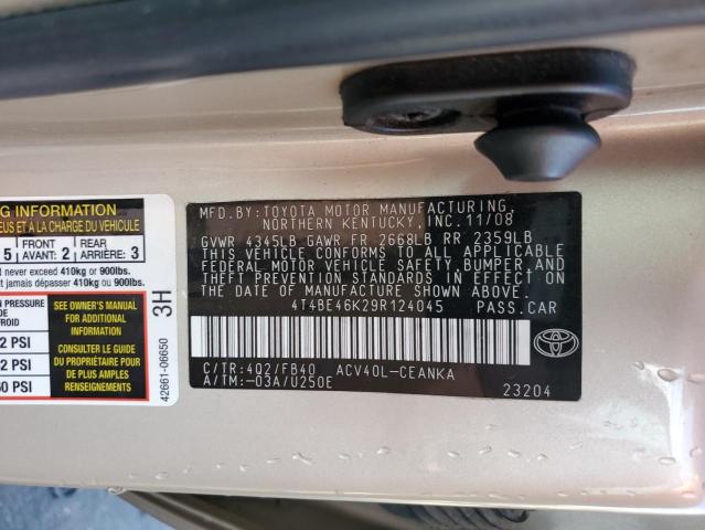 4T4BE46K29R124045 - 2009 TOYOTA CAMRY BASE GOLD photo 12