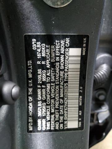 SHHFK7H42KU220375 - 2019 HONDA CIVIC SPORT GRAY photo 12