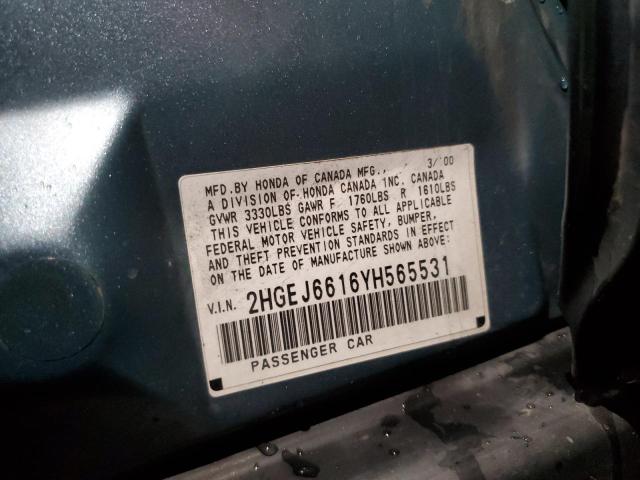 2HGEJ6616YH565531 - 2000 HONDA CIVIC BASE BLUE photo 12