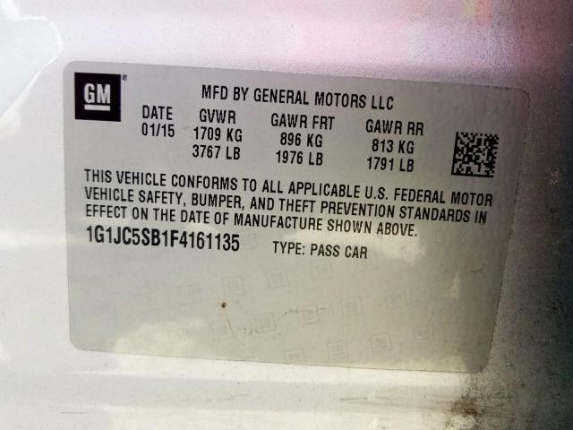 1G1JC5SB1F4161135 - 2015 CHEVROLET SONIC LT SILVER photo 10