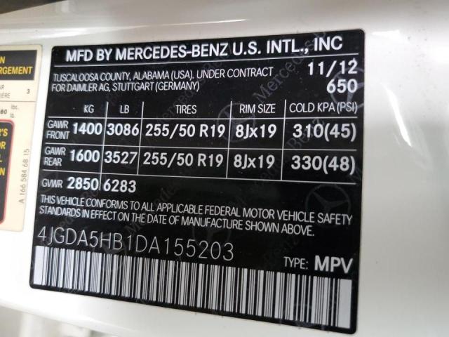 4JGDA5HB1DA155203 - 2013 MERCEDES-BENZ ML 350 4MATIC WHITE photo 13