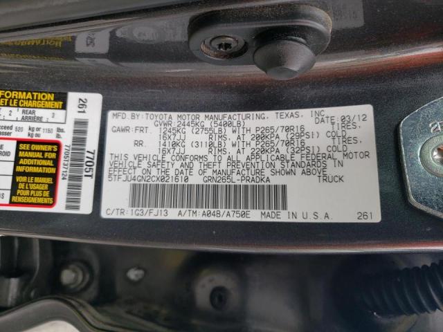 5TFJU4GN2CX021610 - 2012 TOYOTA TACOMA DOUBLE CAB PRERUNNER GRAY photo 12