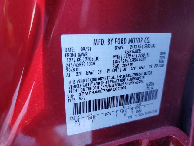 3FMTK4SE7MME03169 - 2021 FORD MUSTANG MA GT RED photo 12