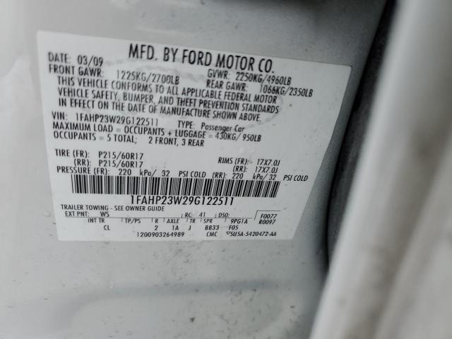 1FAHP23W29G122511 - 2009 FORD TAURUS SE WHITE photo 12